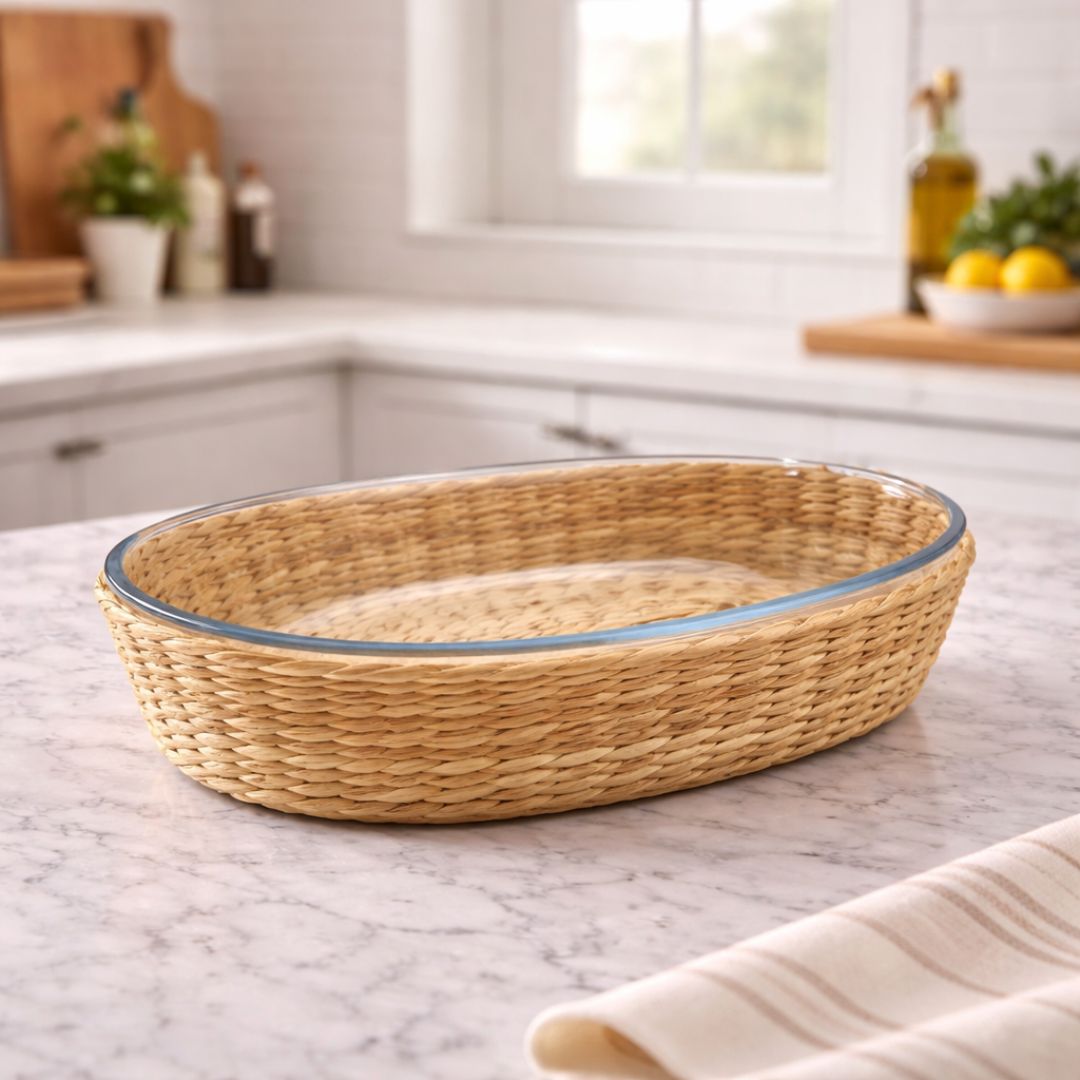 Borosilicate Glass & Cane Oval Dish Large