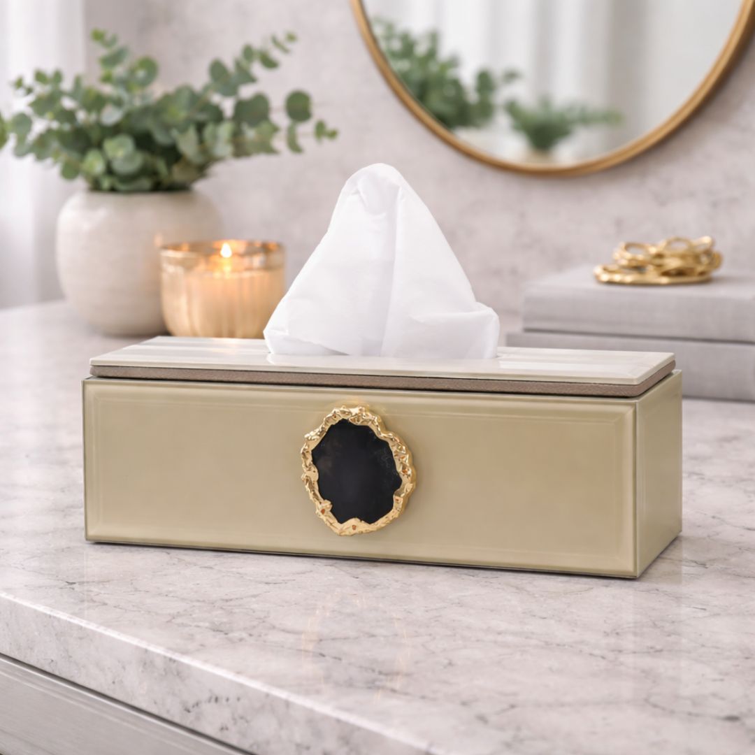 Beige Glass Tissue box with Agate accent