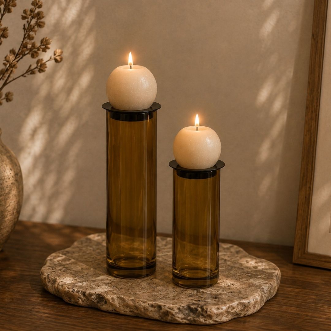 Fluted Prism candle Stand Pair - Amber