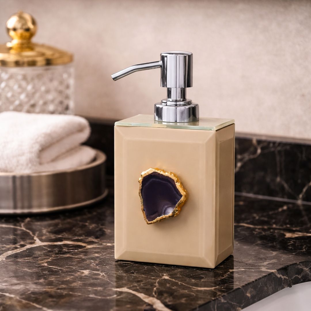 Beige Glass Soap Dispenser with Agate Accent