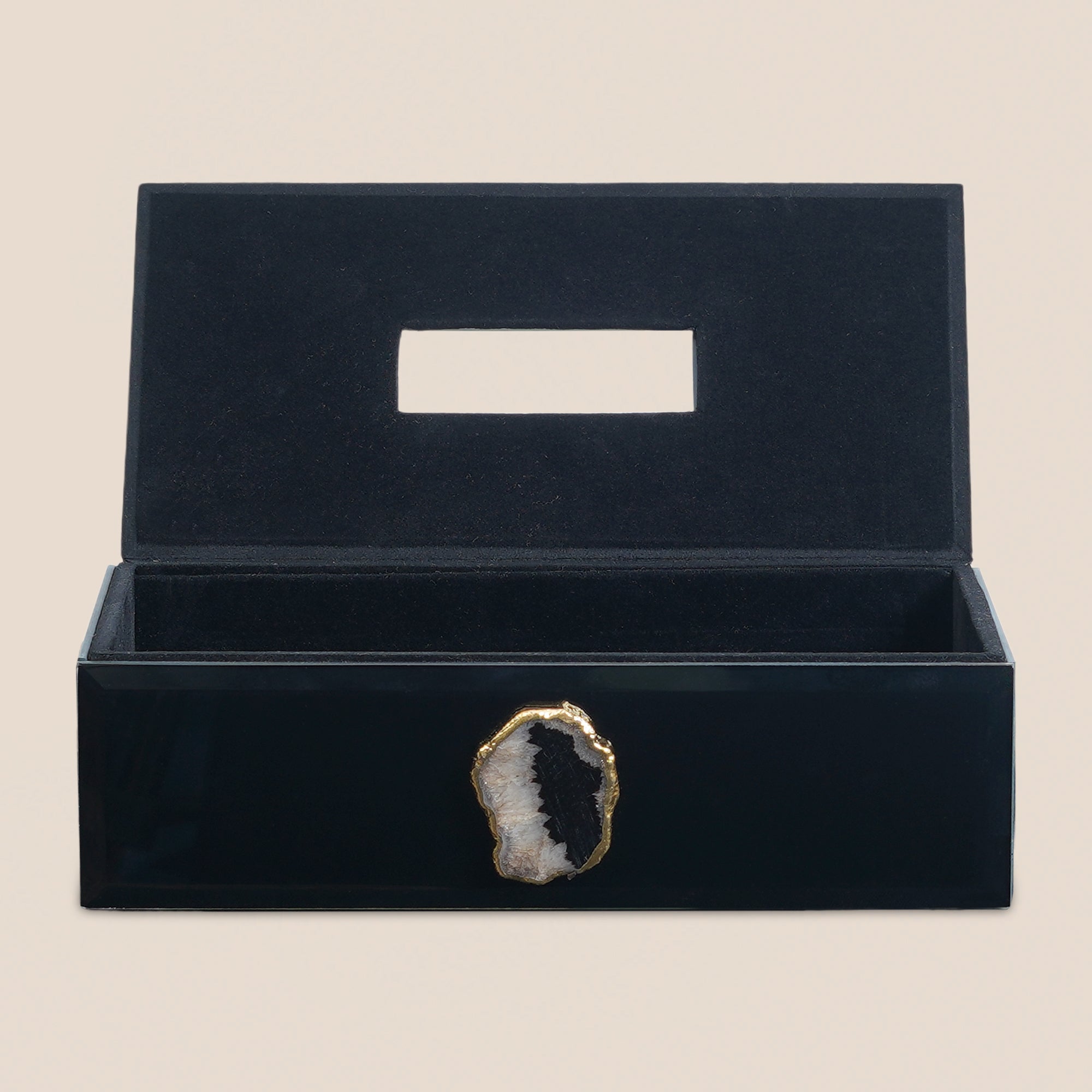 Black Glass Tissue box with Agate accent