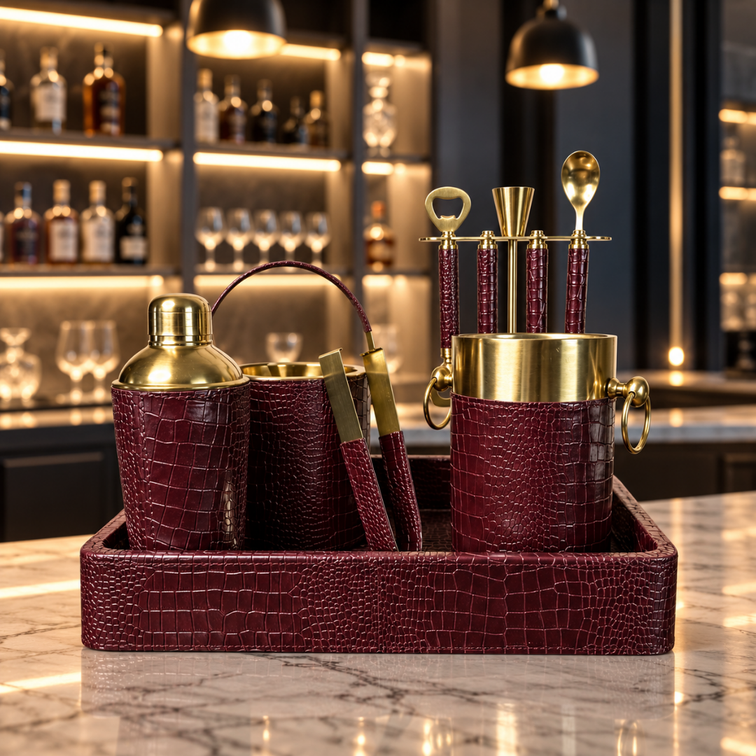 Croco Leather Complete Bar Set - Maroon