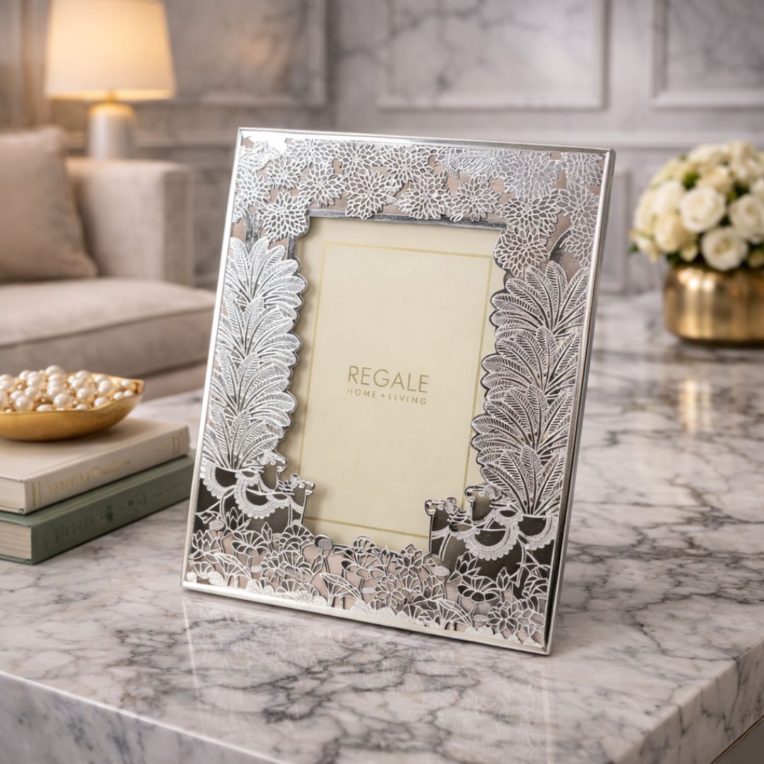 Silver-Plated Nandi Bull Brass Frame - Beige