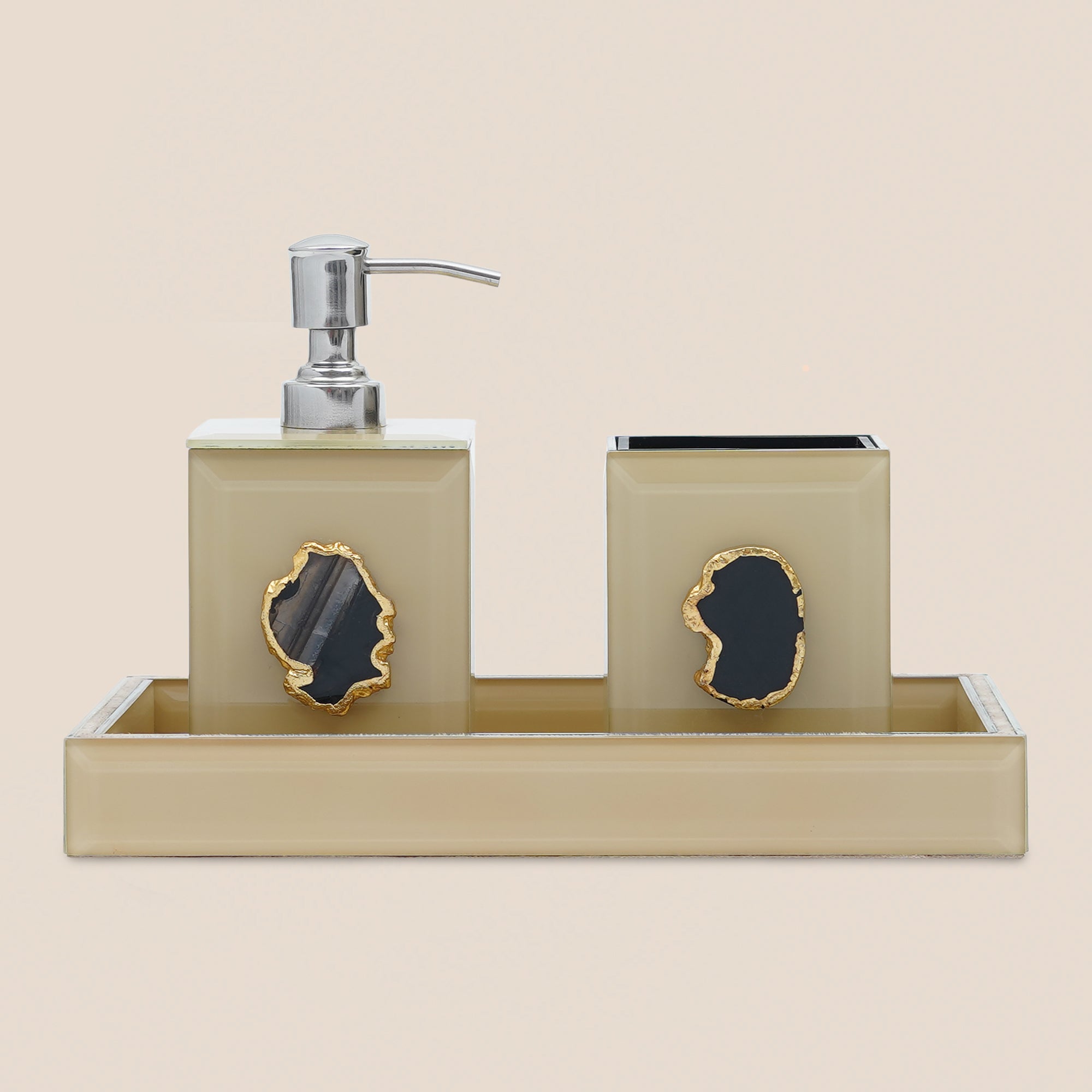 Beige Glass Tumbler with Agate Accent