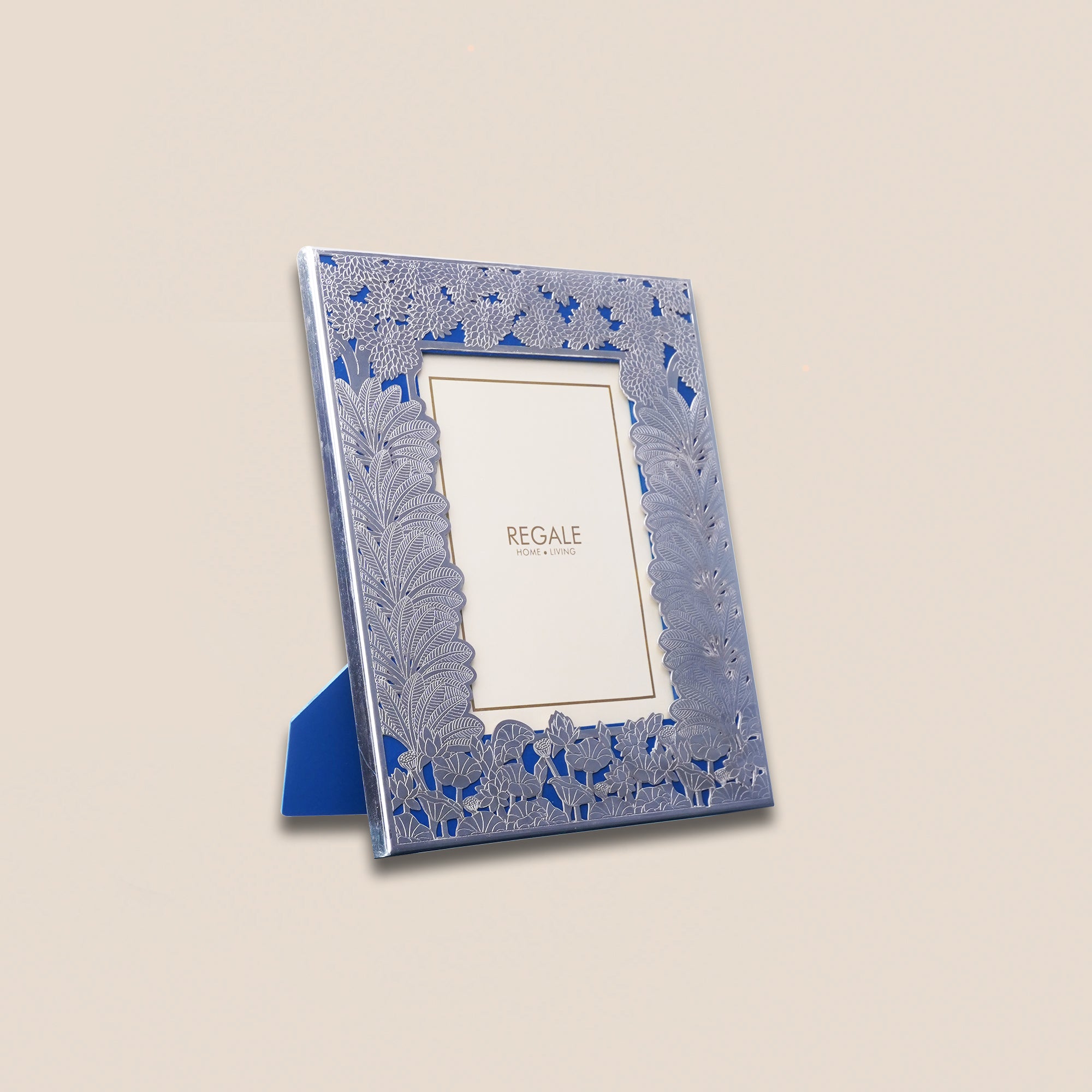 Silver-Plated Floral Elegance Photo Frame - Blue