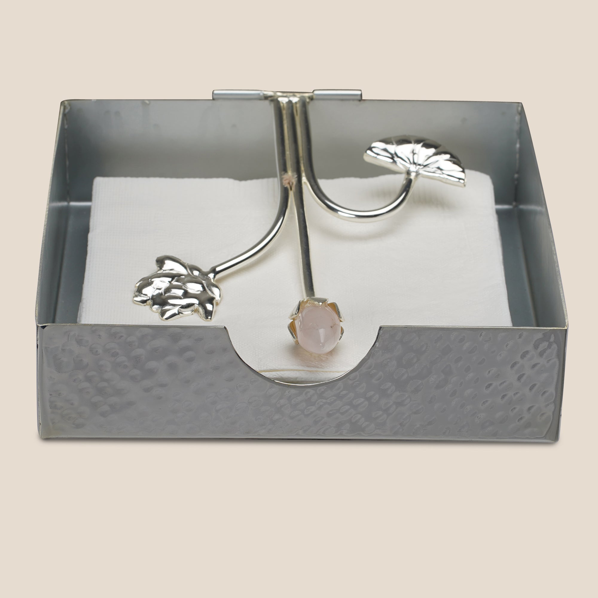 Silver-Plated Napkin Holder with Rose Quartz Accent