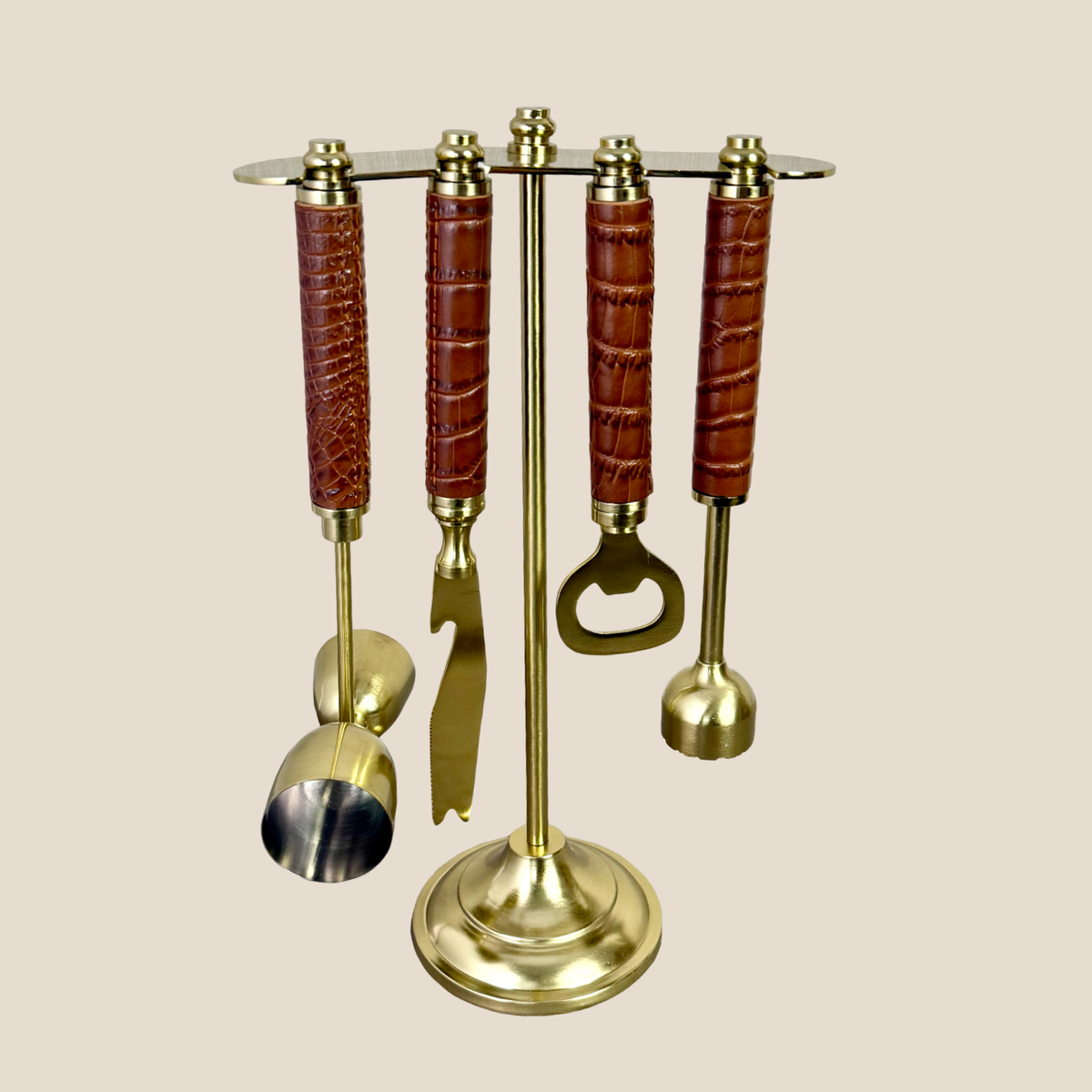 Croco Leather Bar Tools on Stand - Tan