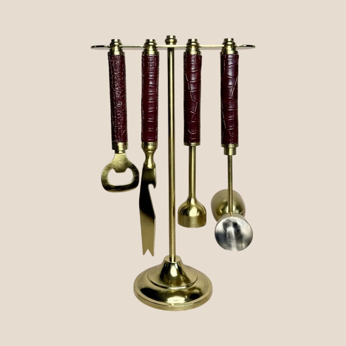 Croco Leather Bar Tools on Stand - Maroon