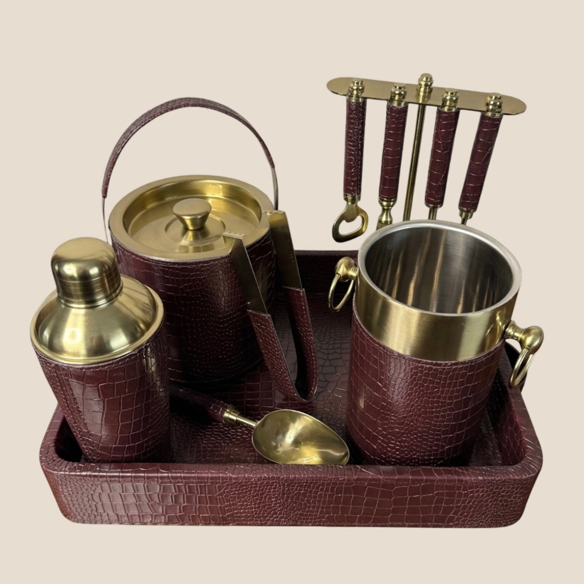 Croco Leather Complete Bar Set - Maroon