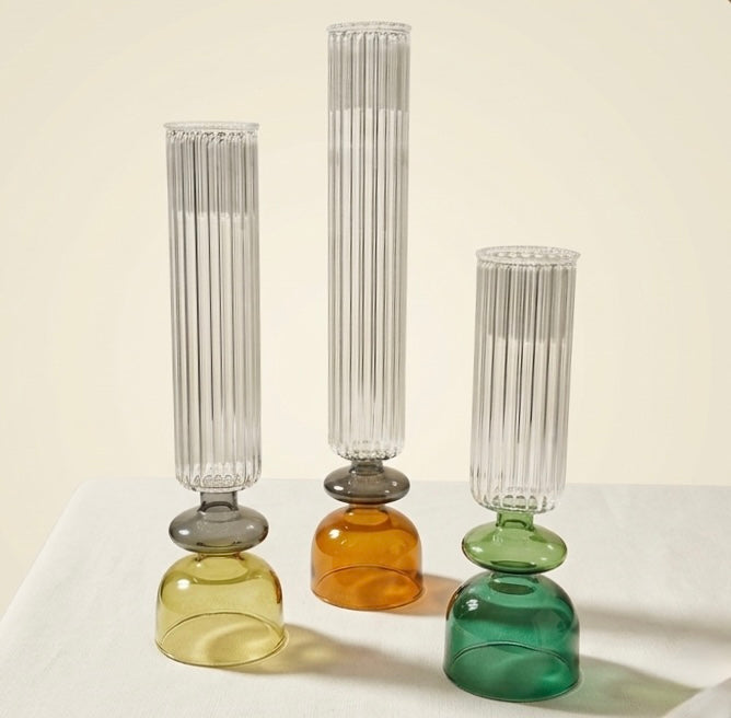 Dual Pillar Candle Holder & Vase - Emerald, Ochre & amber - Set of 3