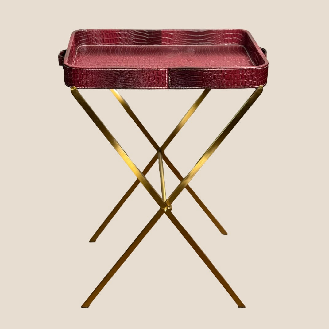 Croco Leather Butler Table - Maroon