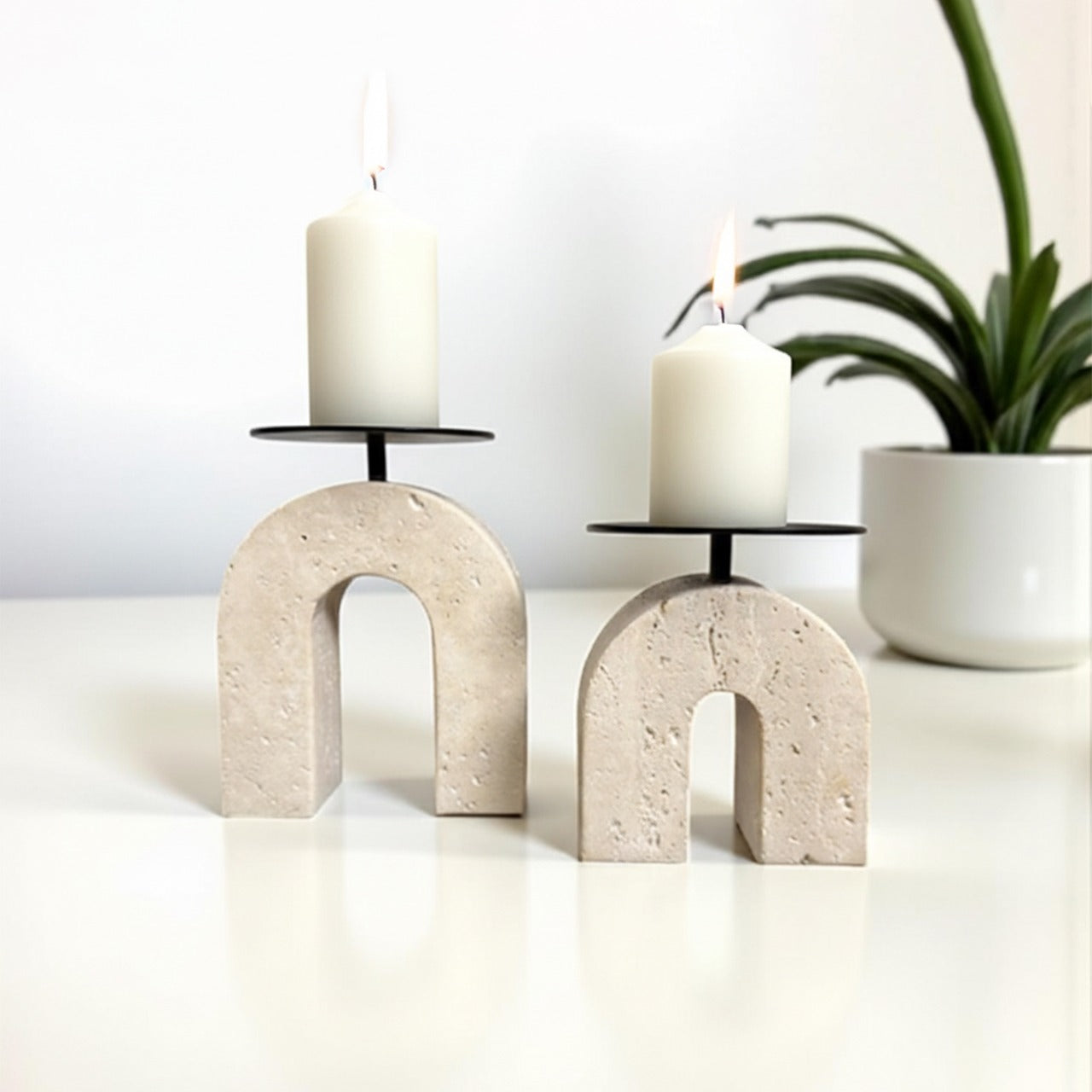Travertine Candle Stand Pair