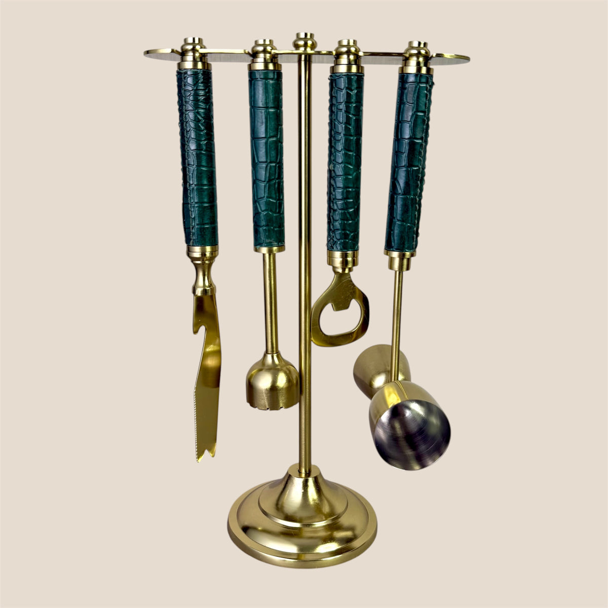 Croco Leather Bar Tools on Stand - Deep Green