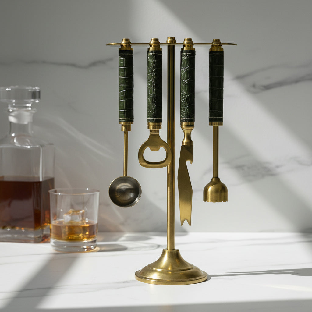 Croco Leather Bar Tools on Stand - Deep Green