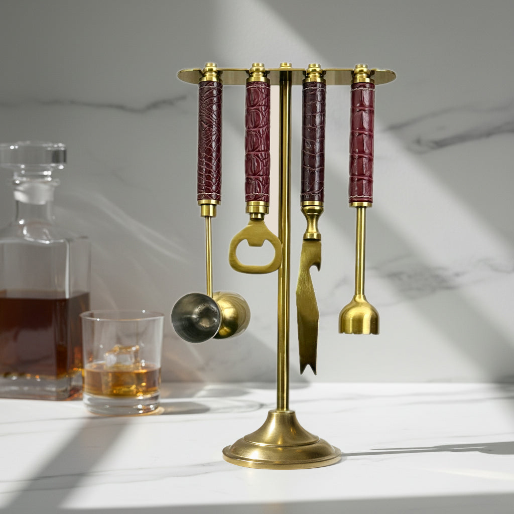 Croco Leather Bar Tools on Stand - Maroon