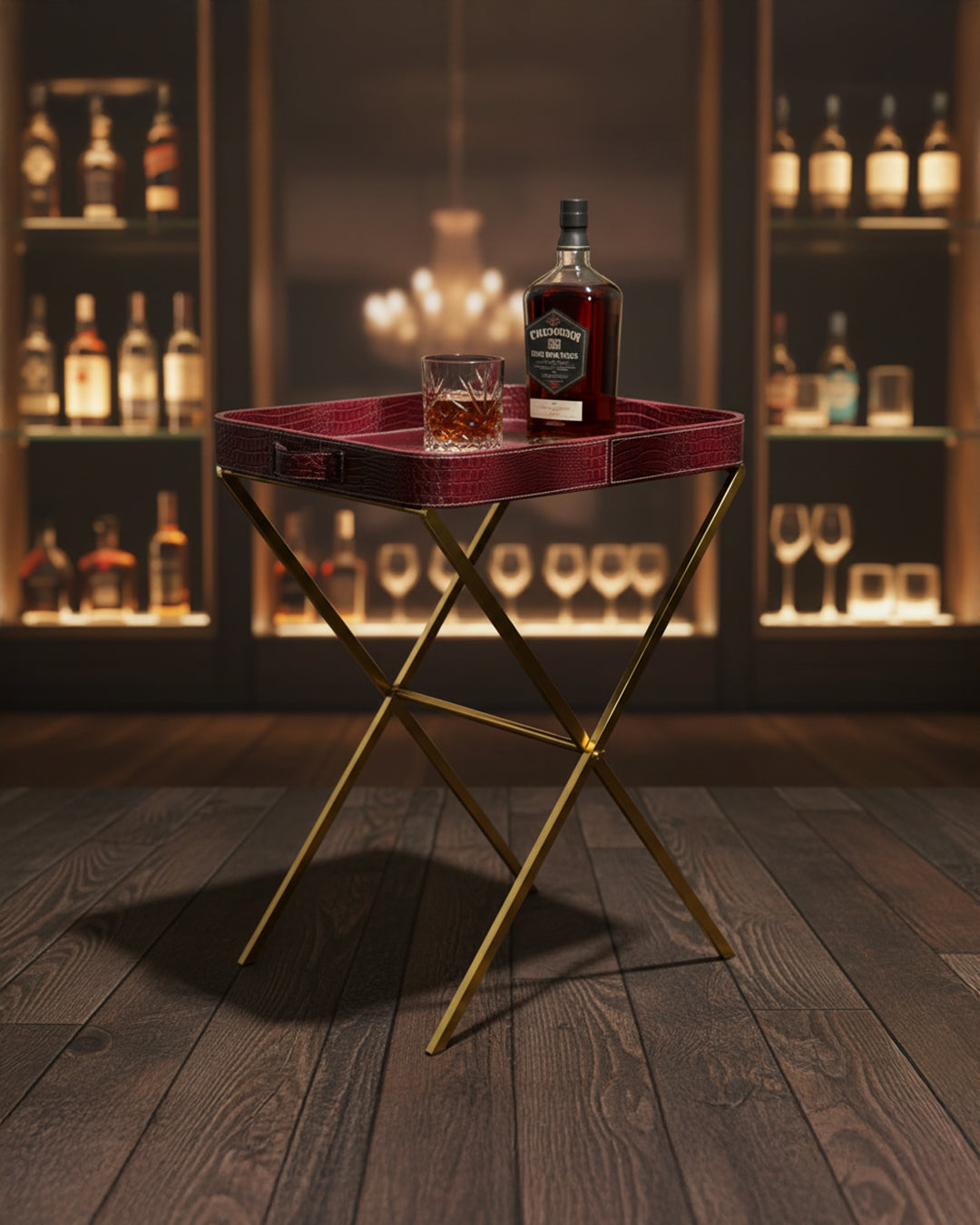 Croco Leather Butler Table - Maroon