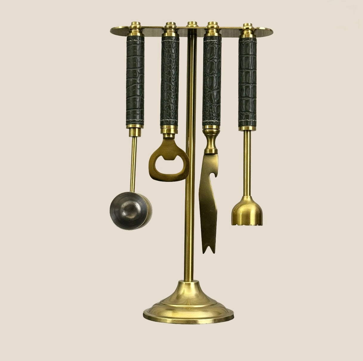 Croco Leather Bar Tools on Stand - Deep Green