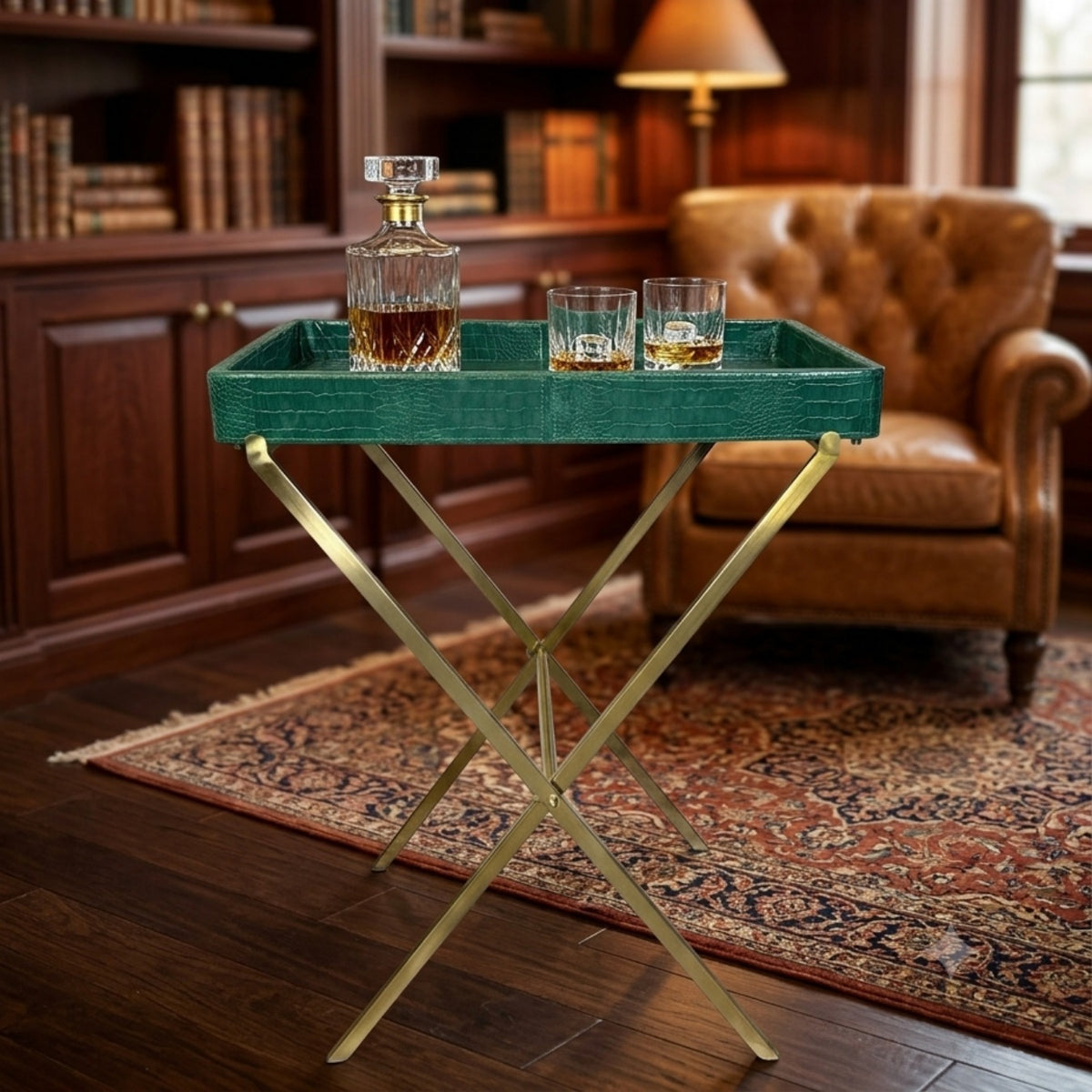 Croco Leather Butler Table - Deep Green