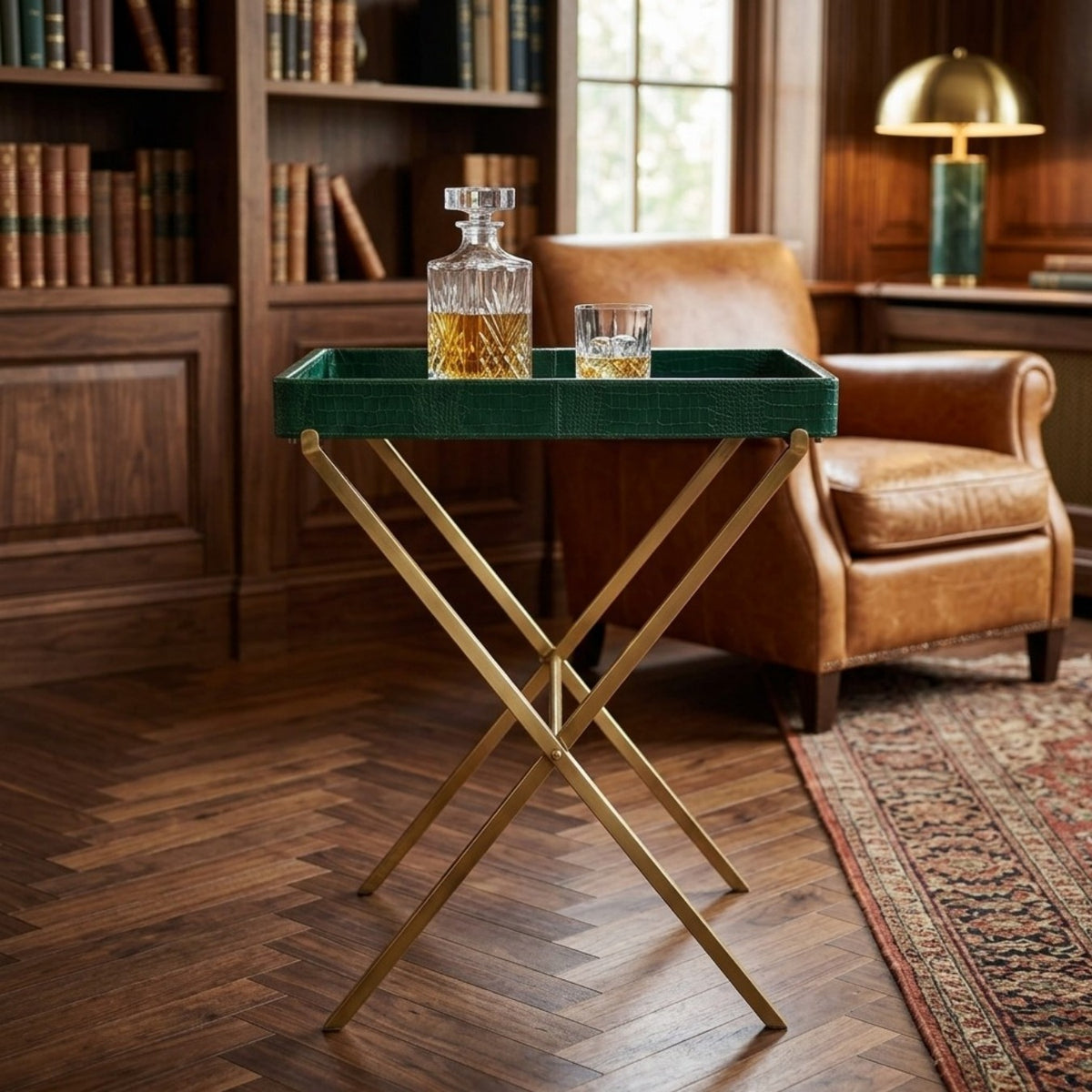 Croco Leather Butler Table - Deep Green