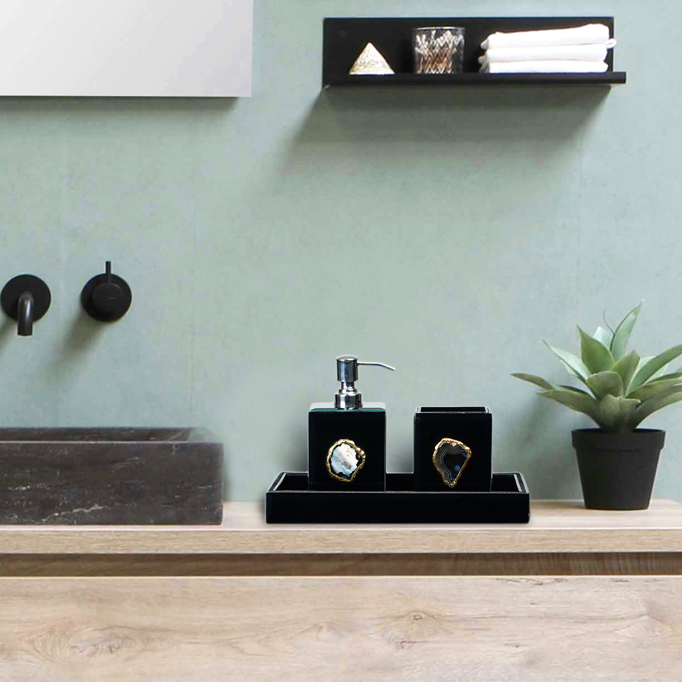 Black Glass Soap Dispenser with Agate Accent