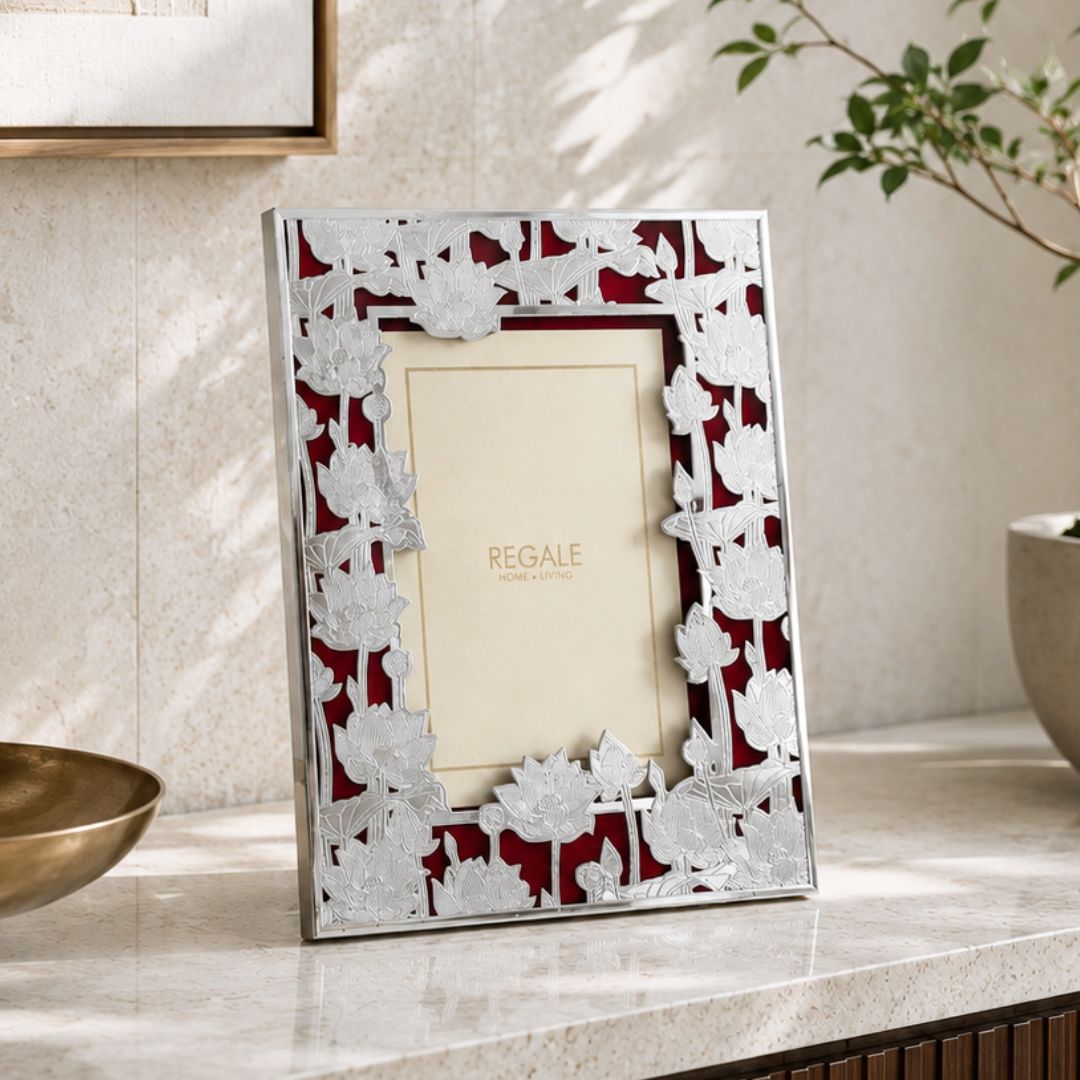 Silver-Plated Lotus Bloom Photo Frame Maroon