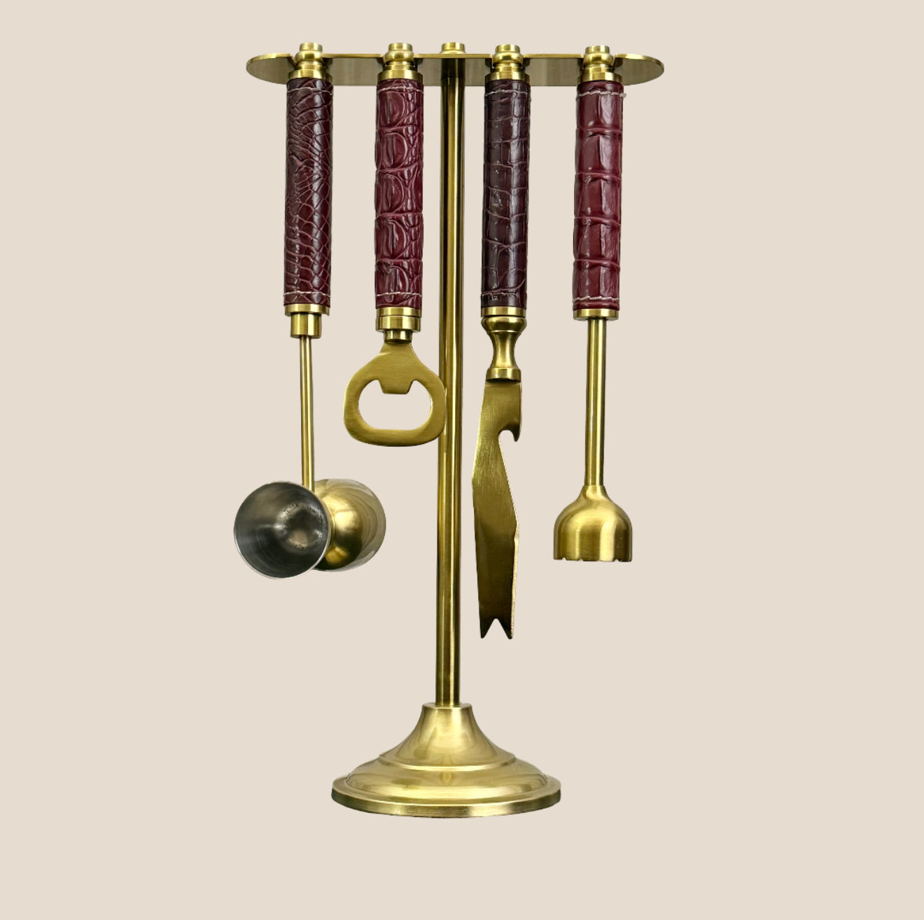 Croco Leather Bar Tools on Stand - Maroon