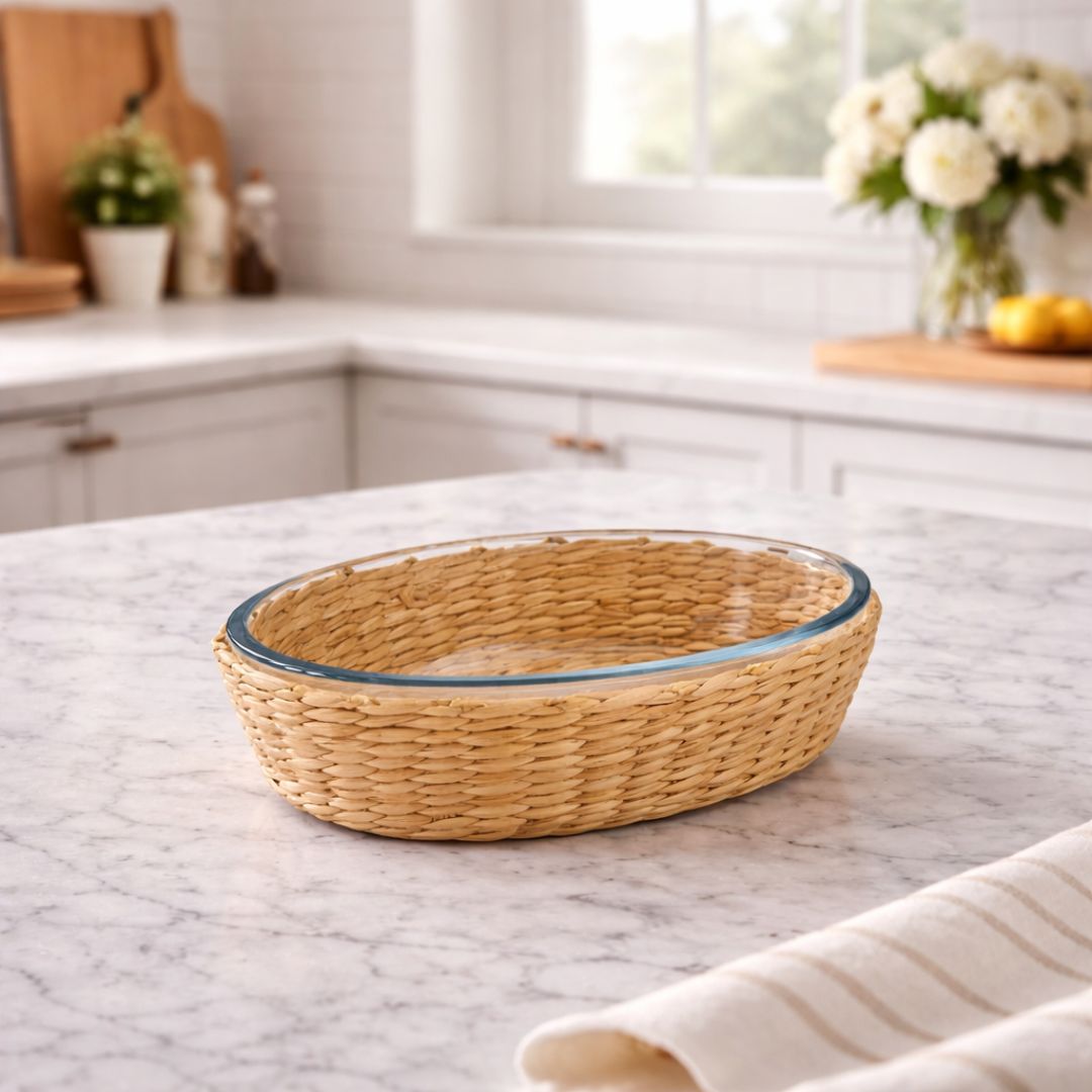 Borosilicate Glass & Cane Oval Dish Small