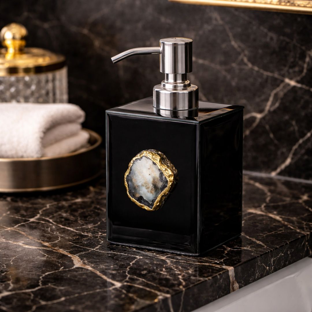 Black Glass Soap Dispenser with Agate Accent