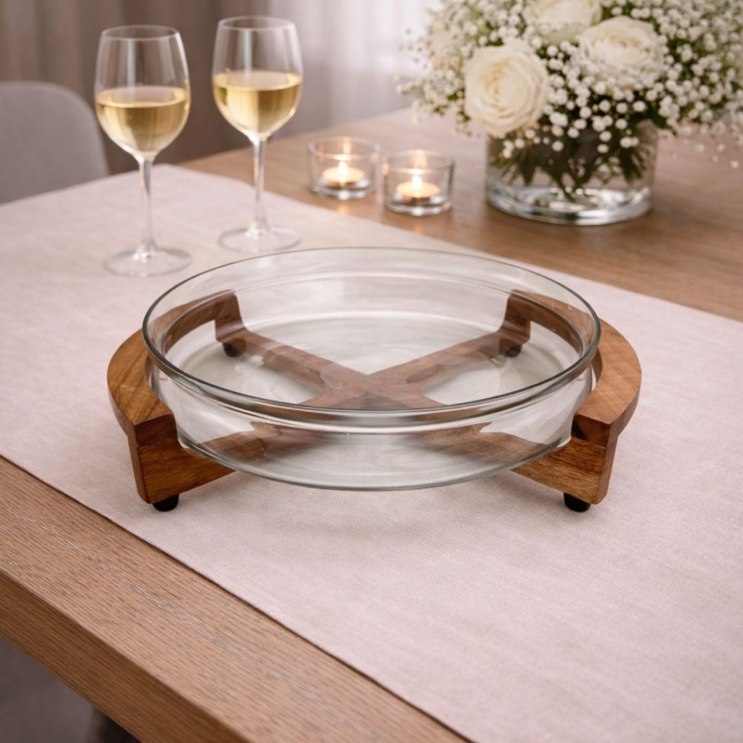 FUSION GLASS BOWL WITH WOODEN STAND