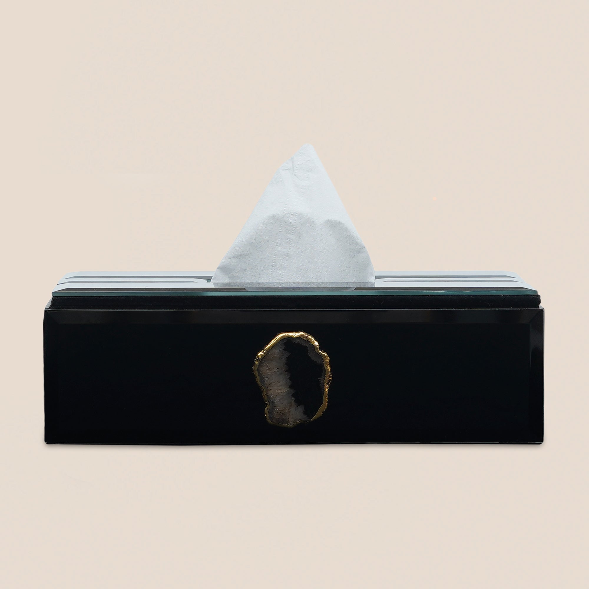 Black Glass Tissue box with Agate accent