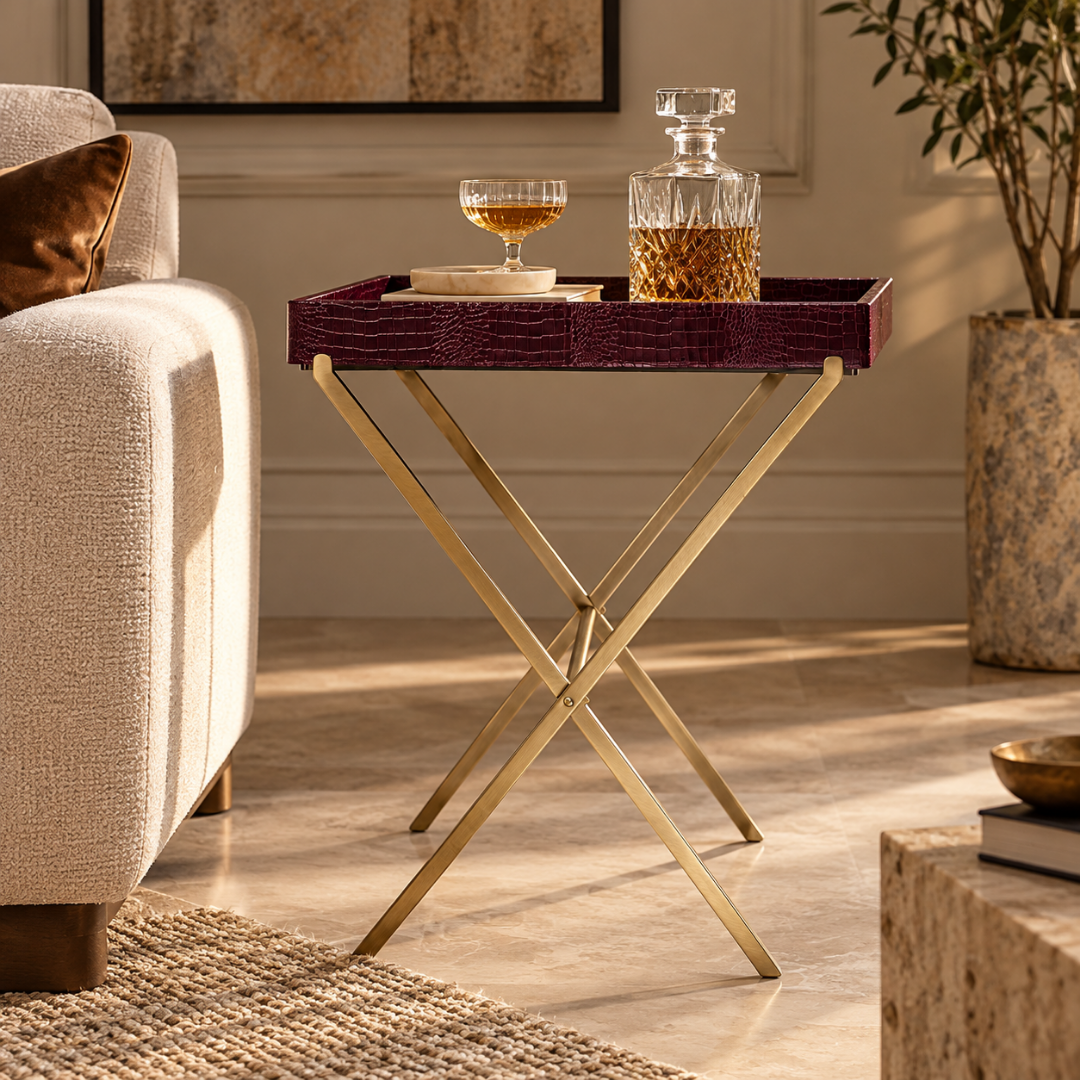 Croco Leather Butler Table - Maroon