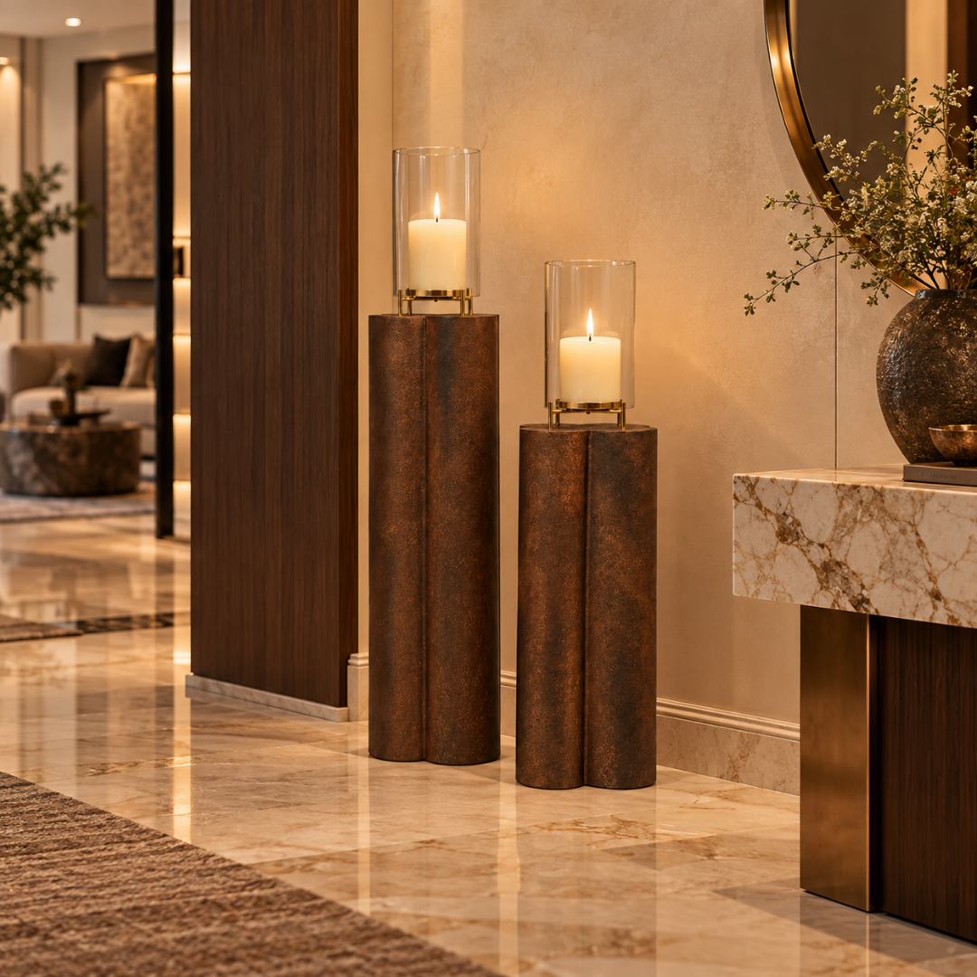 Obsidian Pillar Hurricane Pair – Brown Patina