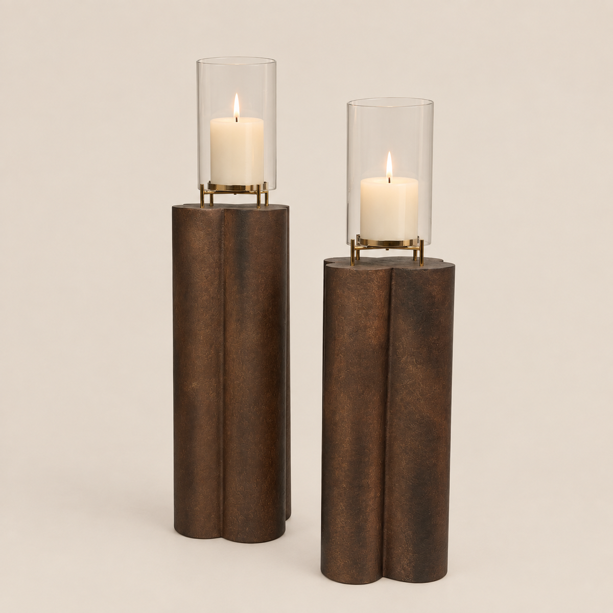 Obsidian Pillar Hurricane Pair – Brown Patina