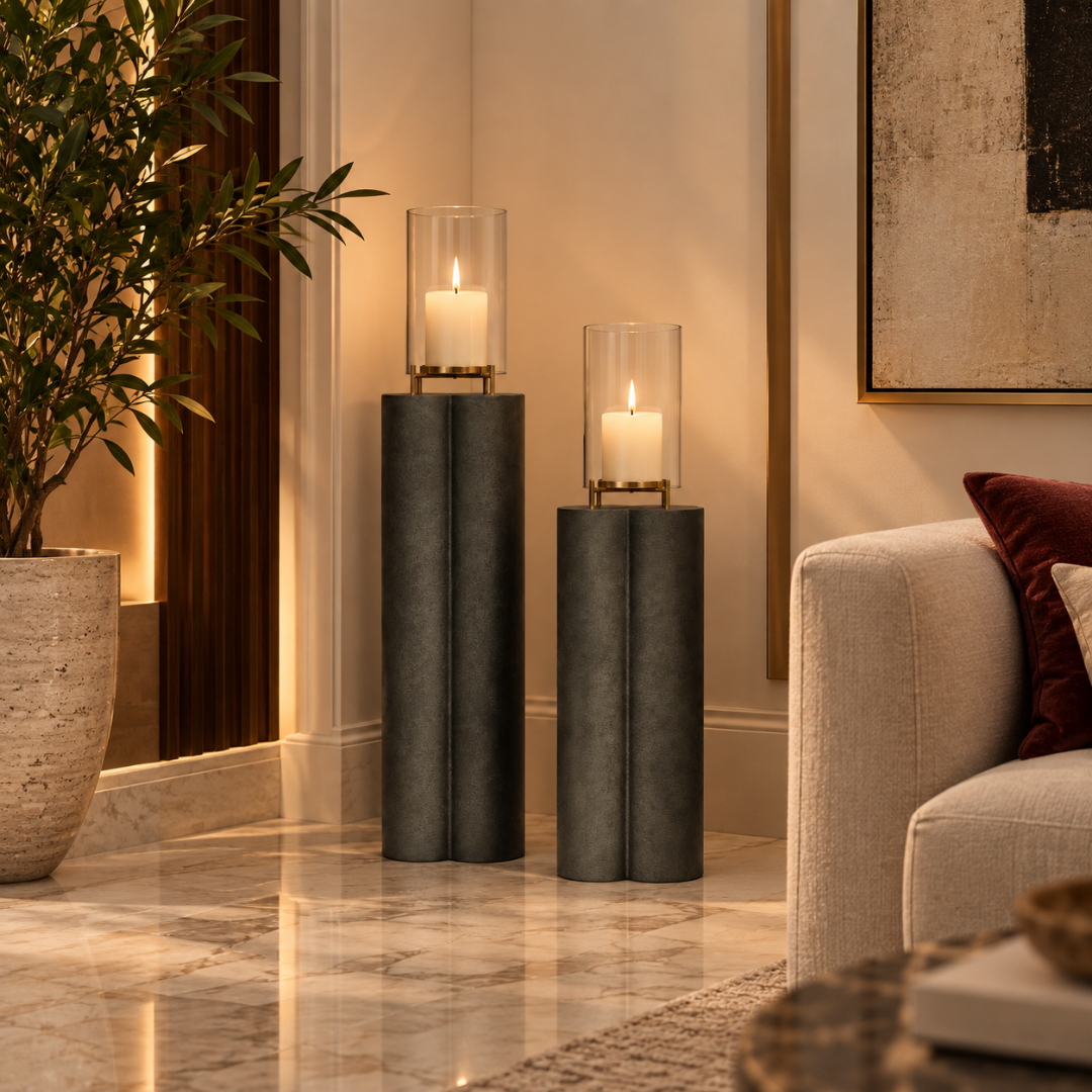Obsidian Pillar Hurricane Pair – Green Patina