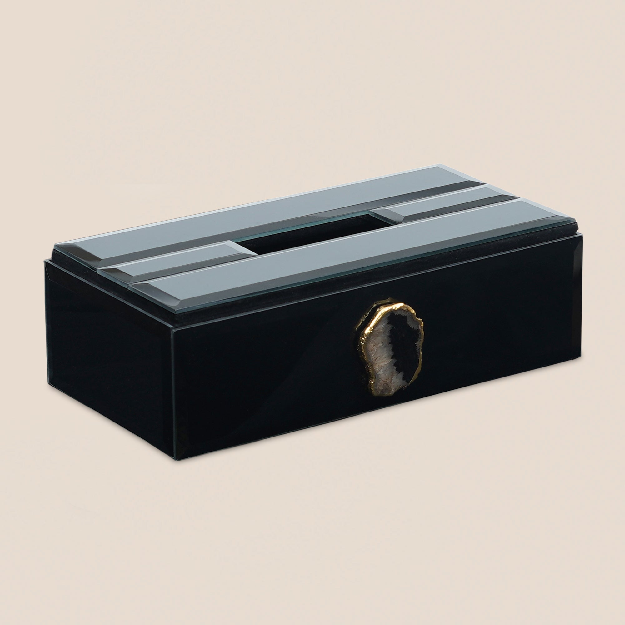 Black Glass Tissue box with Agate accent
