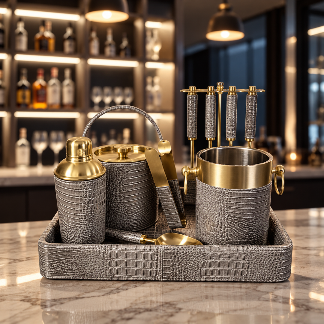 Croco Leather Complete Bar Set of 6 pcs  - Grey