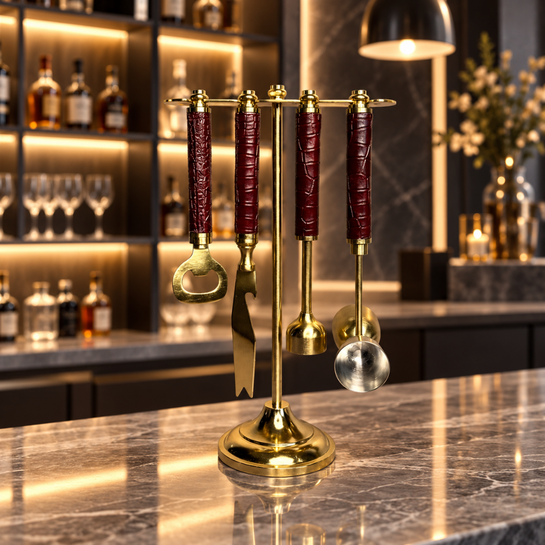Croco Leather Bar Tools on Stand - Maroon