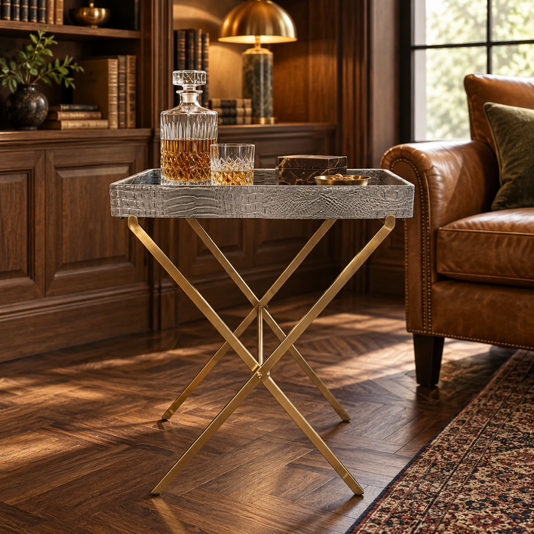 Croco Leather Butler Table - Grey
