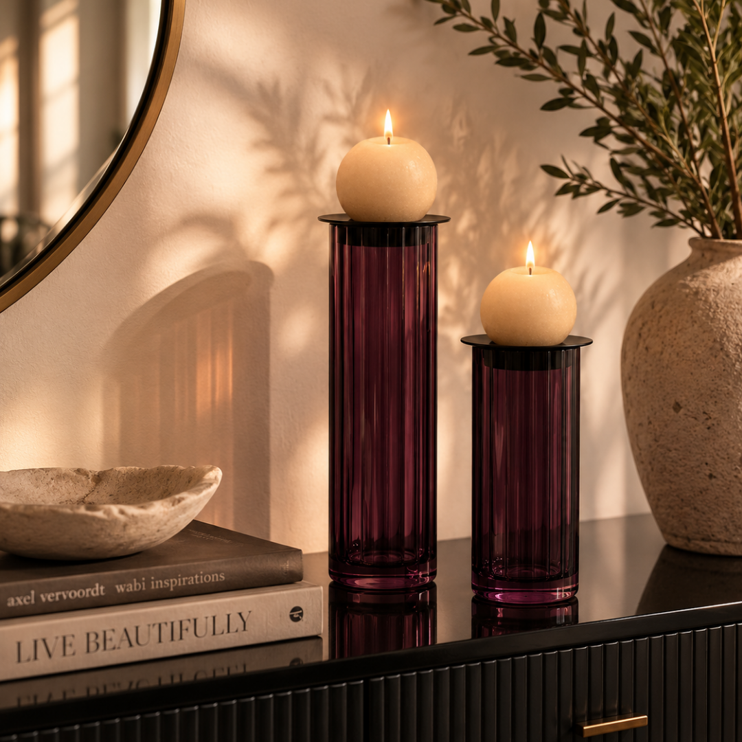 Fluted Prism candle Stand Pair - Plum