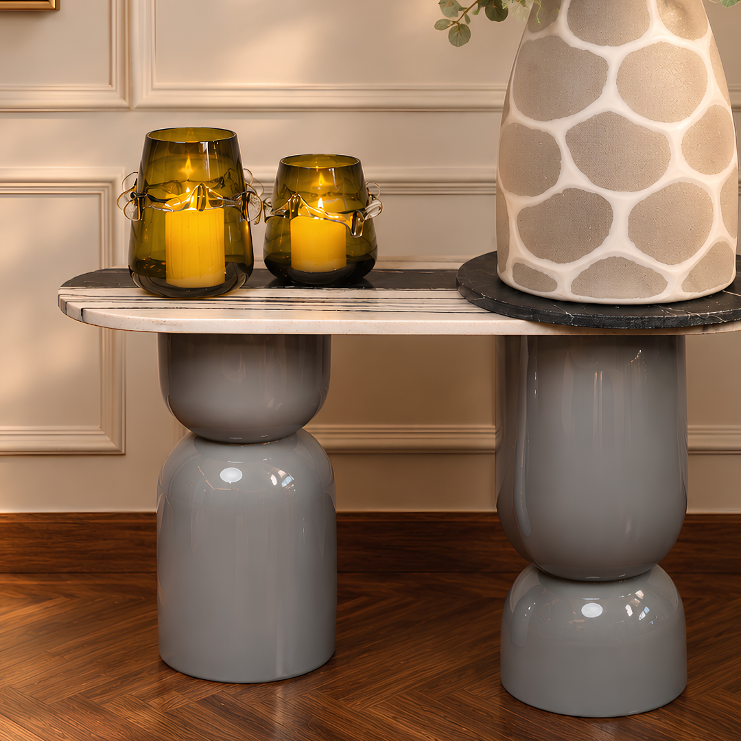 Crested Olive Glass Vase & Votive