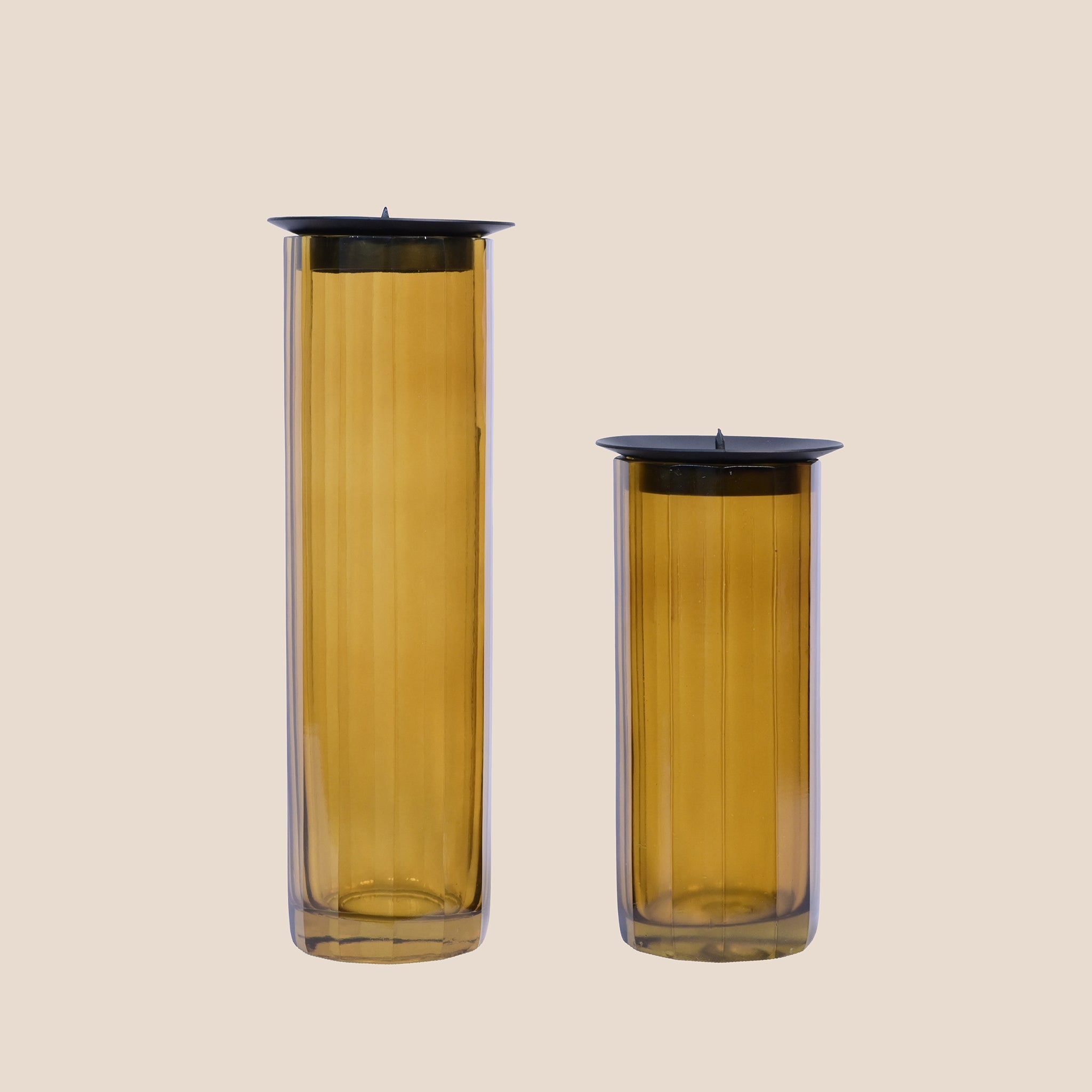 Fluted Prism candle Stand Pair - Amber