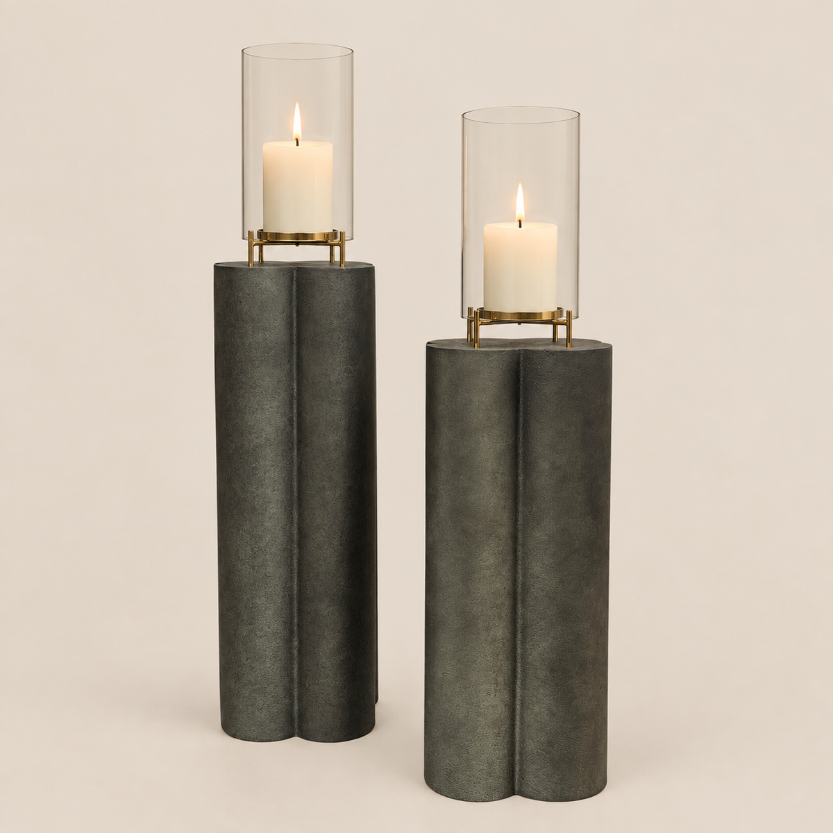 Obsidian Pillar Hurricane Pair – Green Patina