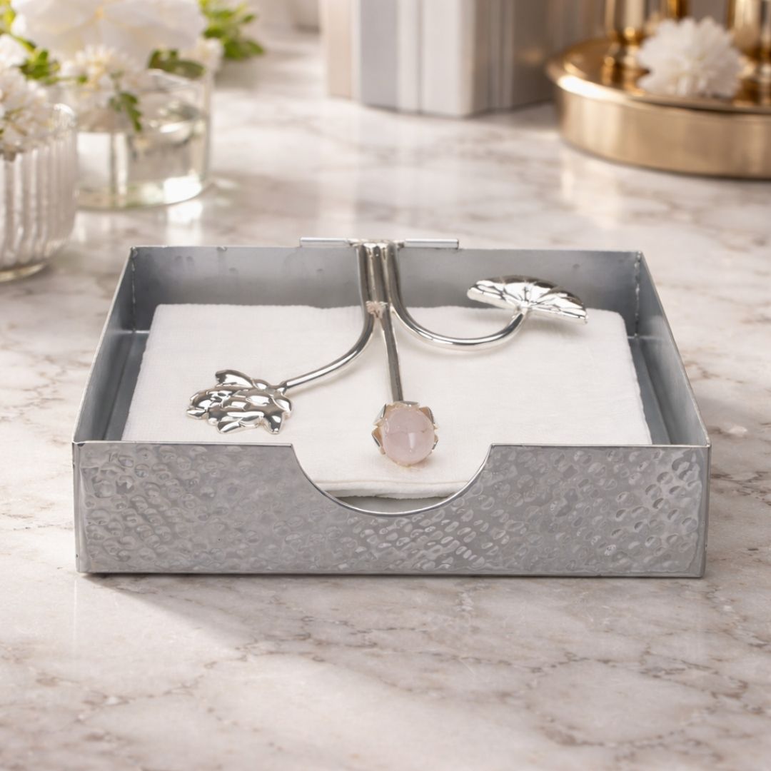 Silver-Plated Napkin Holder with Rose Quartz Accent