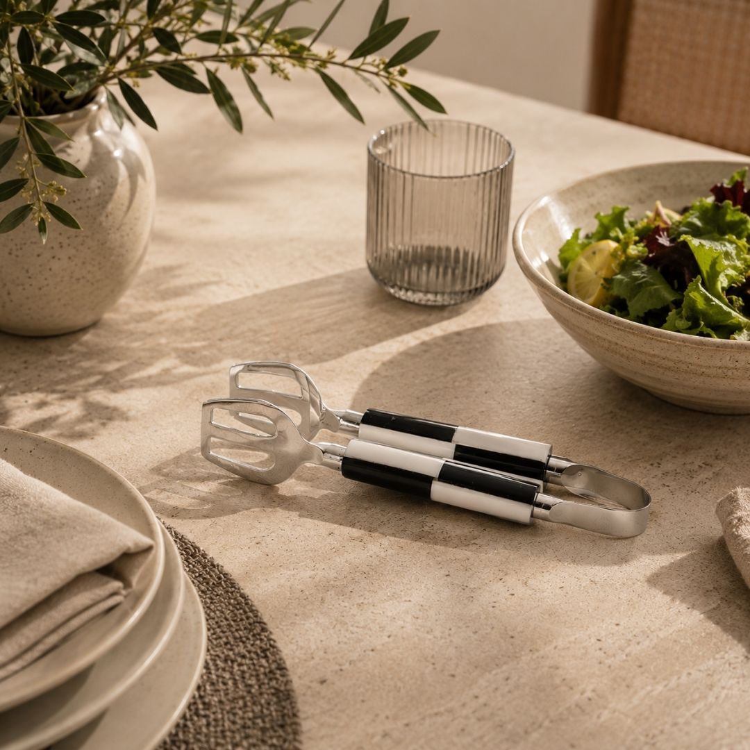 Monochrome Check Inlay Tongs Small - Nickel
