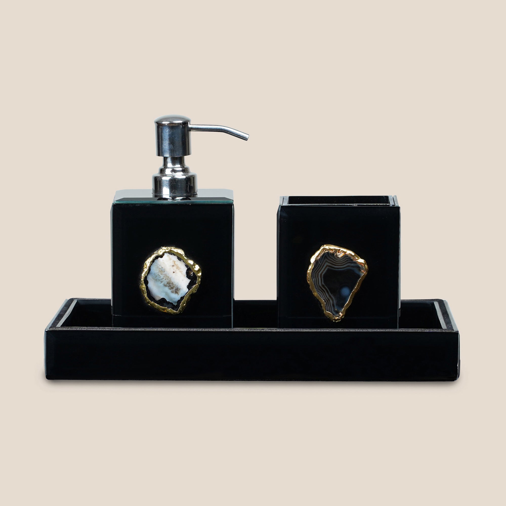 Black Glass Soap Dispenser with Agate Accent