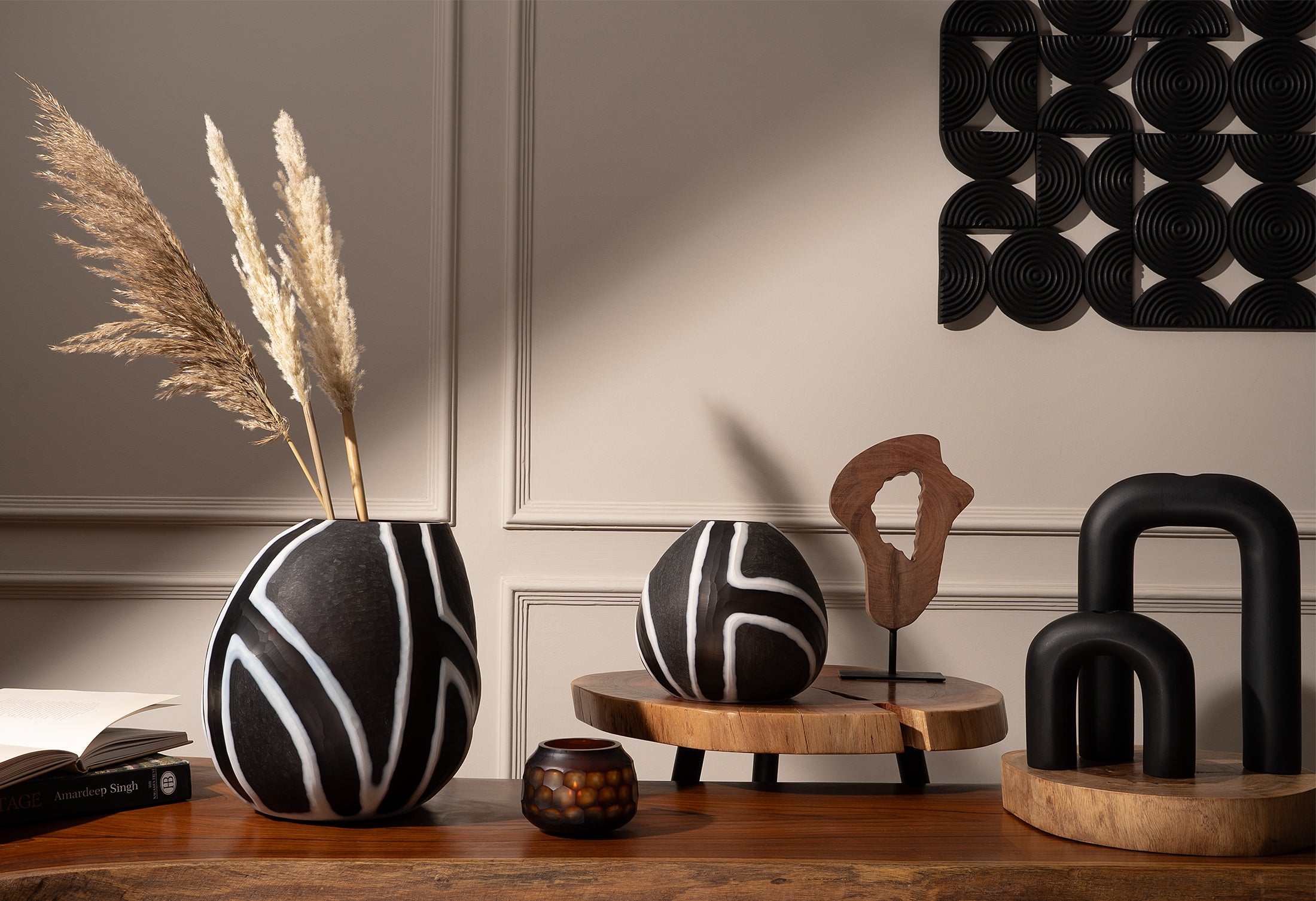 Hand-Cut Black & White Glass Vase - Large