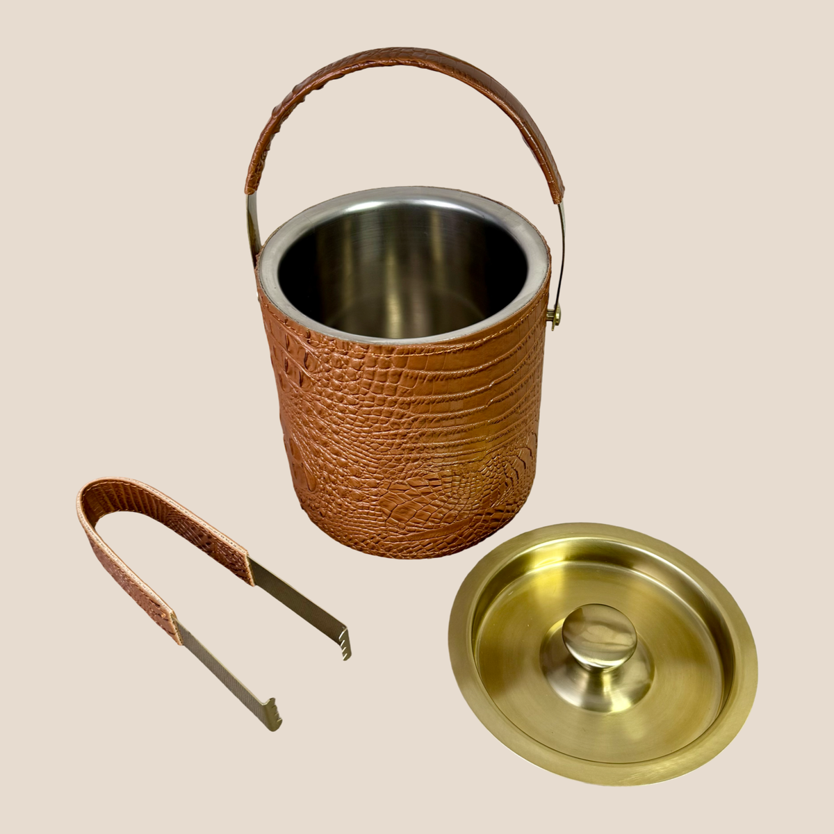 Ice Bucket with Tongs - Tan