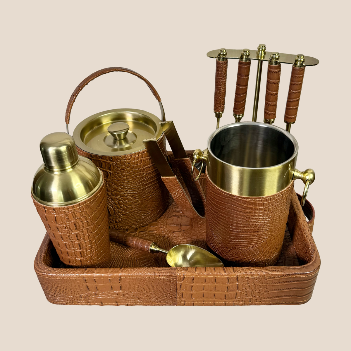 Croco Leather Complete Bar Set - Tan