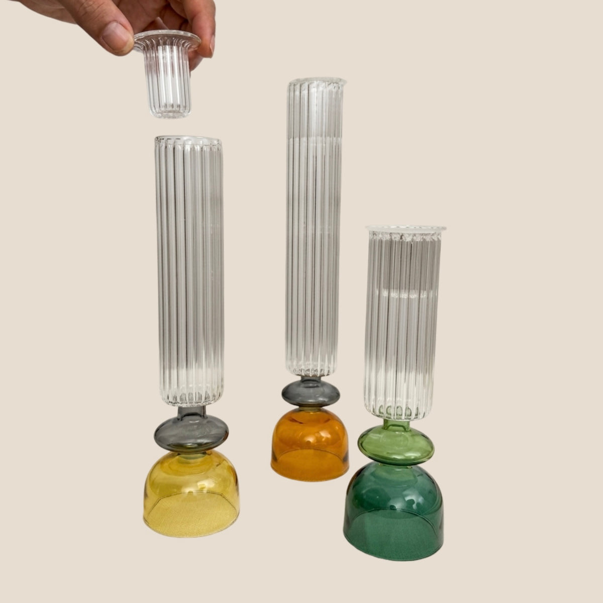 Dual Pillar Candle Holder & Vase - Emerald, Ochre & amber - Set of 3