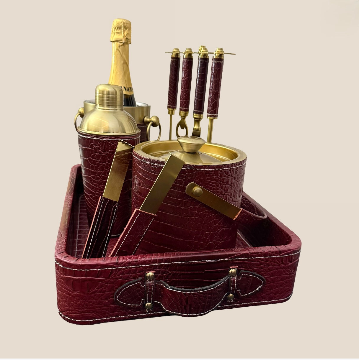 Croco Leather Complete Bar Set - Maroon